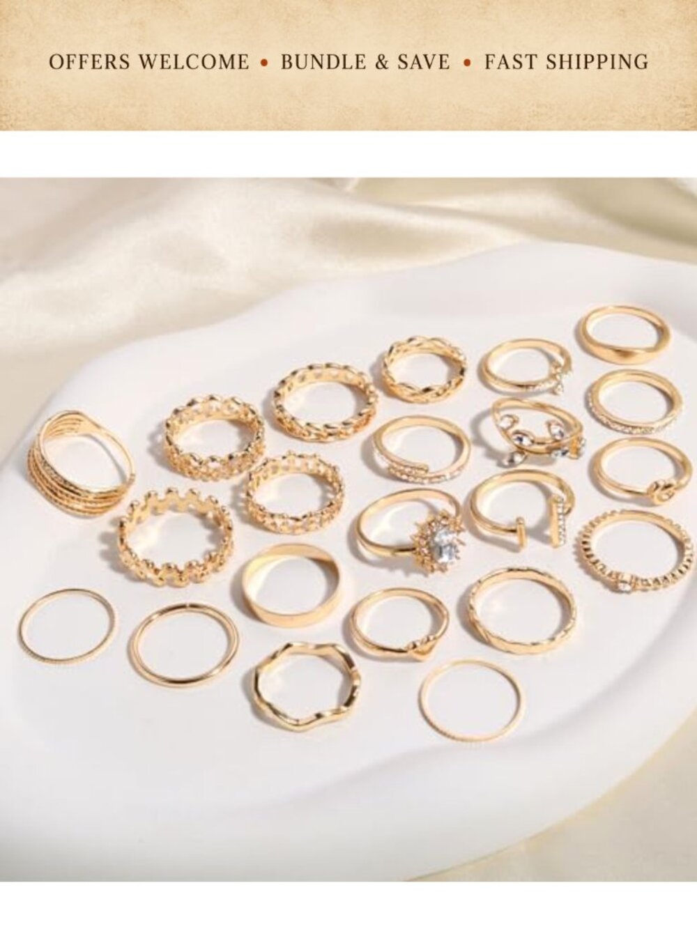 14K Gold Plated Crystal Knuckle Rings Set Stackable Mixed Size 43pc - Picture 5 of 6